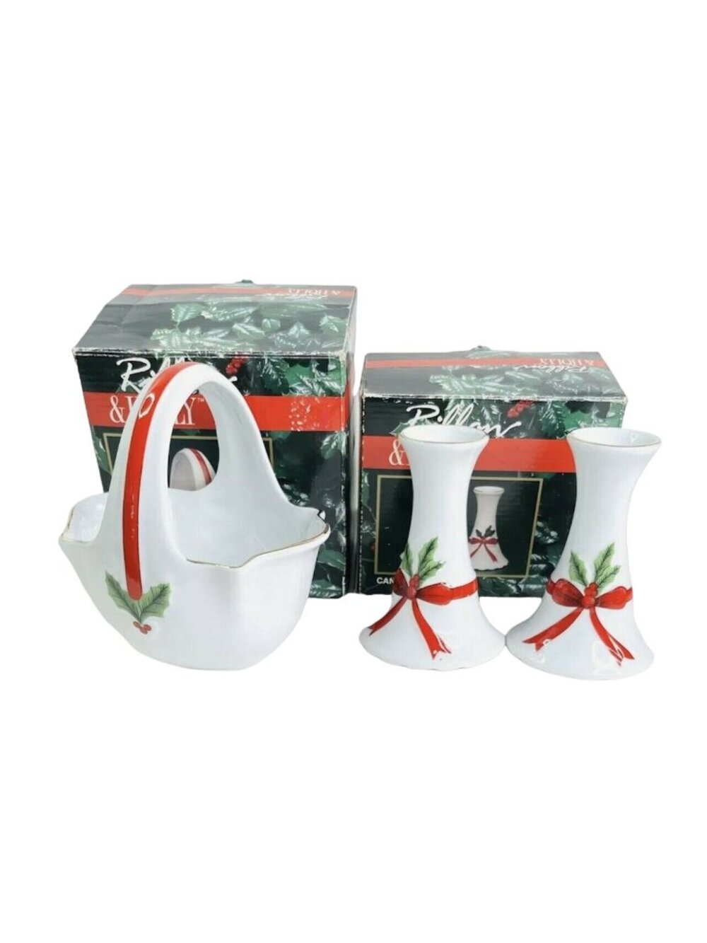 Vintage 1986 Mount Clemens Pottery Ribbon Holly Christmas Basket Candlestick Box
